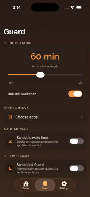MorningGuard app screen showing the block window length, weekend toggle, and a button to choose which apps to block
