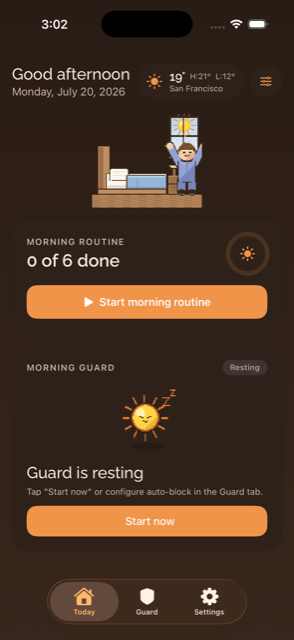 MorningGuard home screen showing the morning greeting, weather, morning routine progress, and the Morning Guard status card
