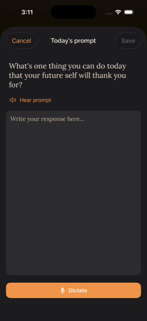 The journaling step with a daily prompt and a Dictate button for speaking your entry out loud