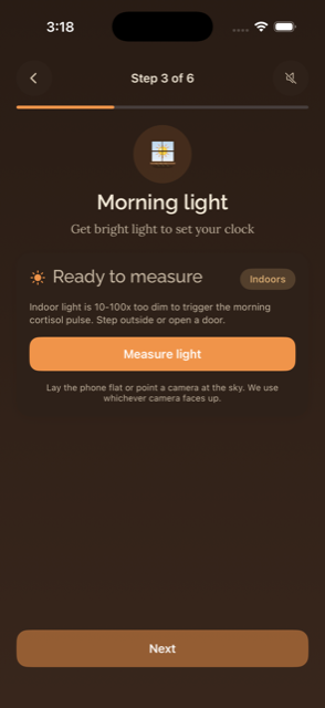 The morning light step with a light meter that measures whether you are getting bright enough light to set your body clock