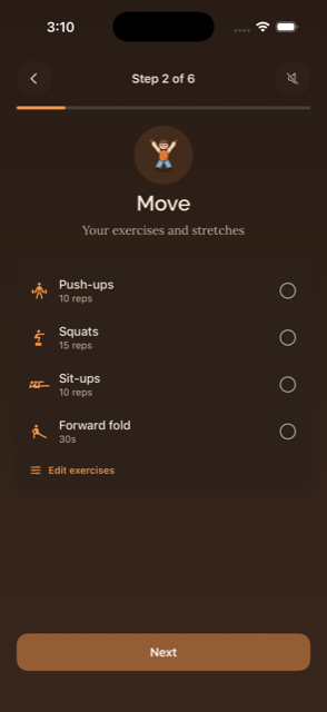 The movement step showing a short list of exercises like push-ups, squats, and a forward fold